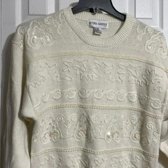 Victoria Harbour cream sequin & pearls cotton knit sweater size Medium - Picture 5 of 12